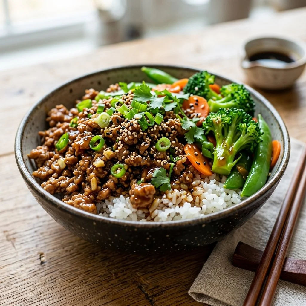 Delicious Ground Turkey Teriyaki Bowls served with vegetables over rice