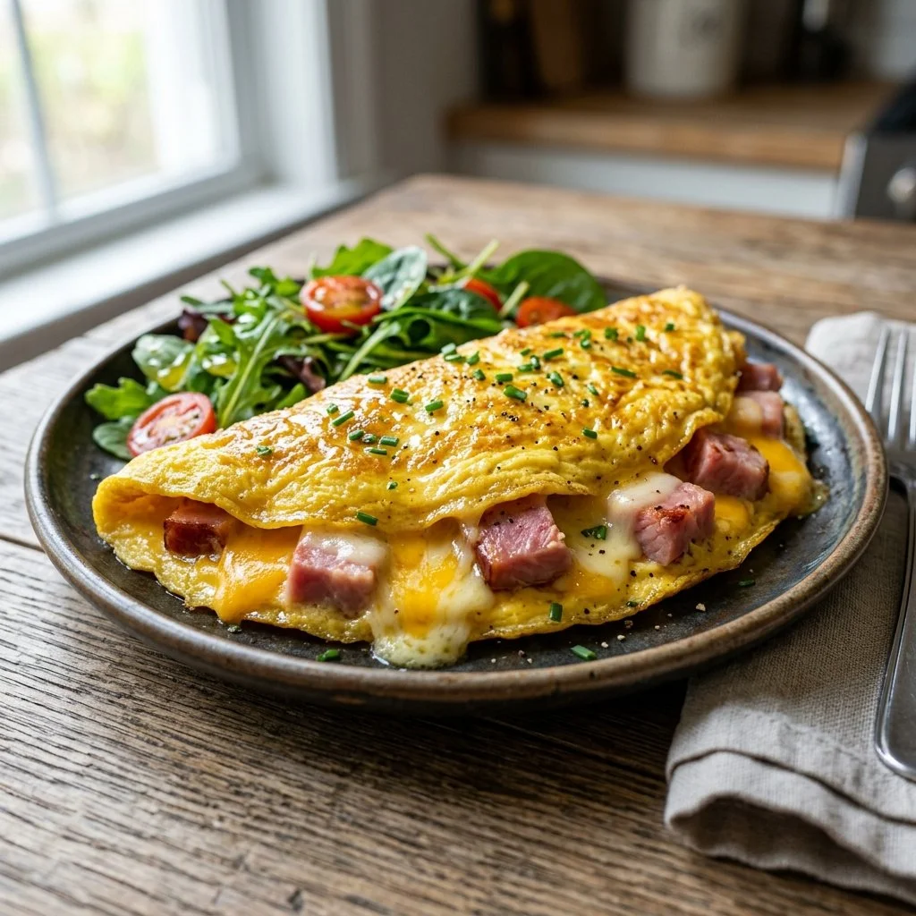 Delicious ham and cheese omelette served on a plate for breakfast.