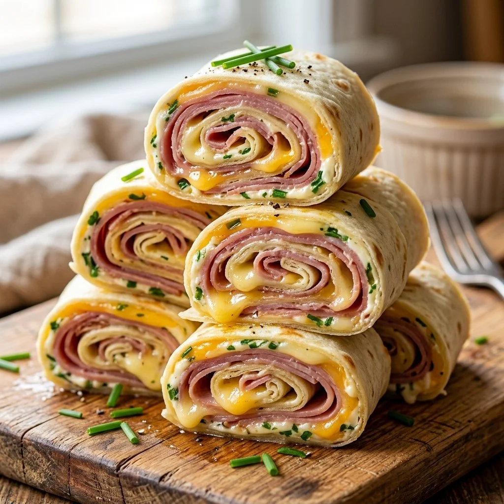 Plate of flavorful ham and cheese pinwheels ready to be served