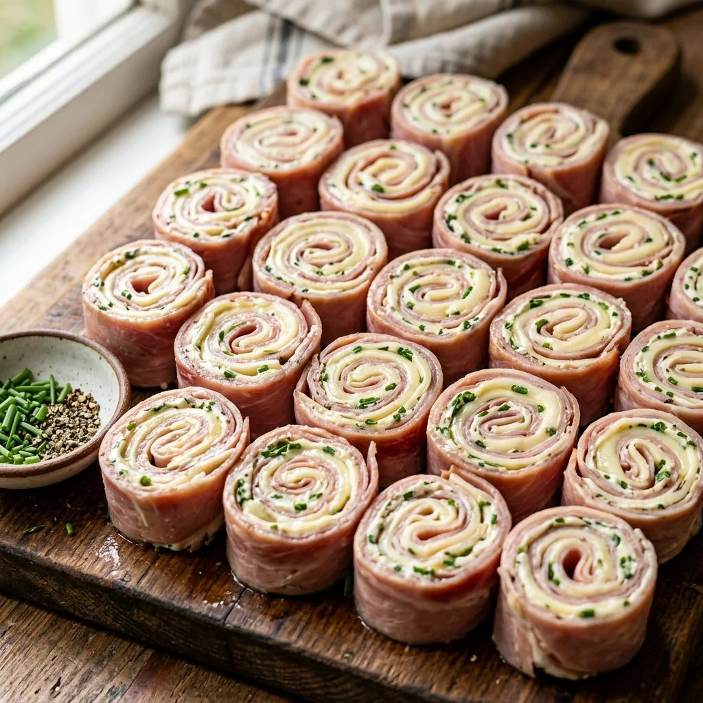 Delicious Ham and Cheese Roll Ups ready to serve for snacks and appetizers.