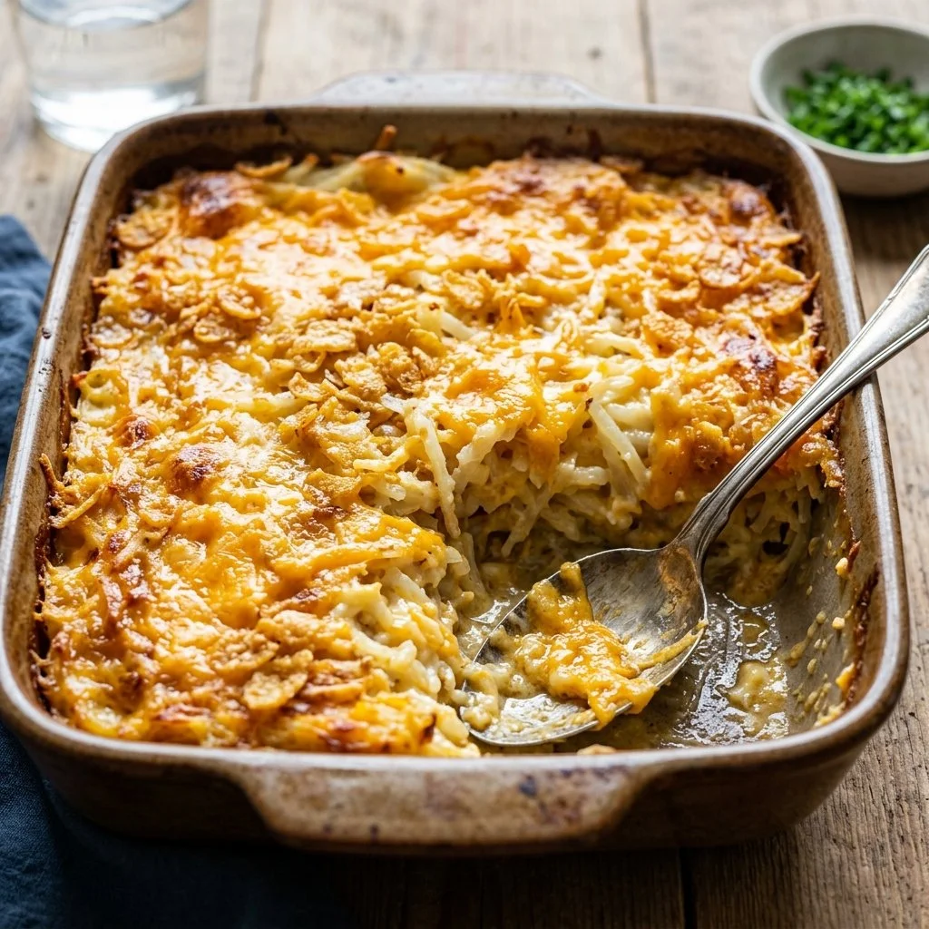 Delicious homemade Hash Brown Casserole baked to perfection with cheese and creamy goodness.