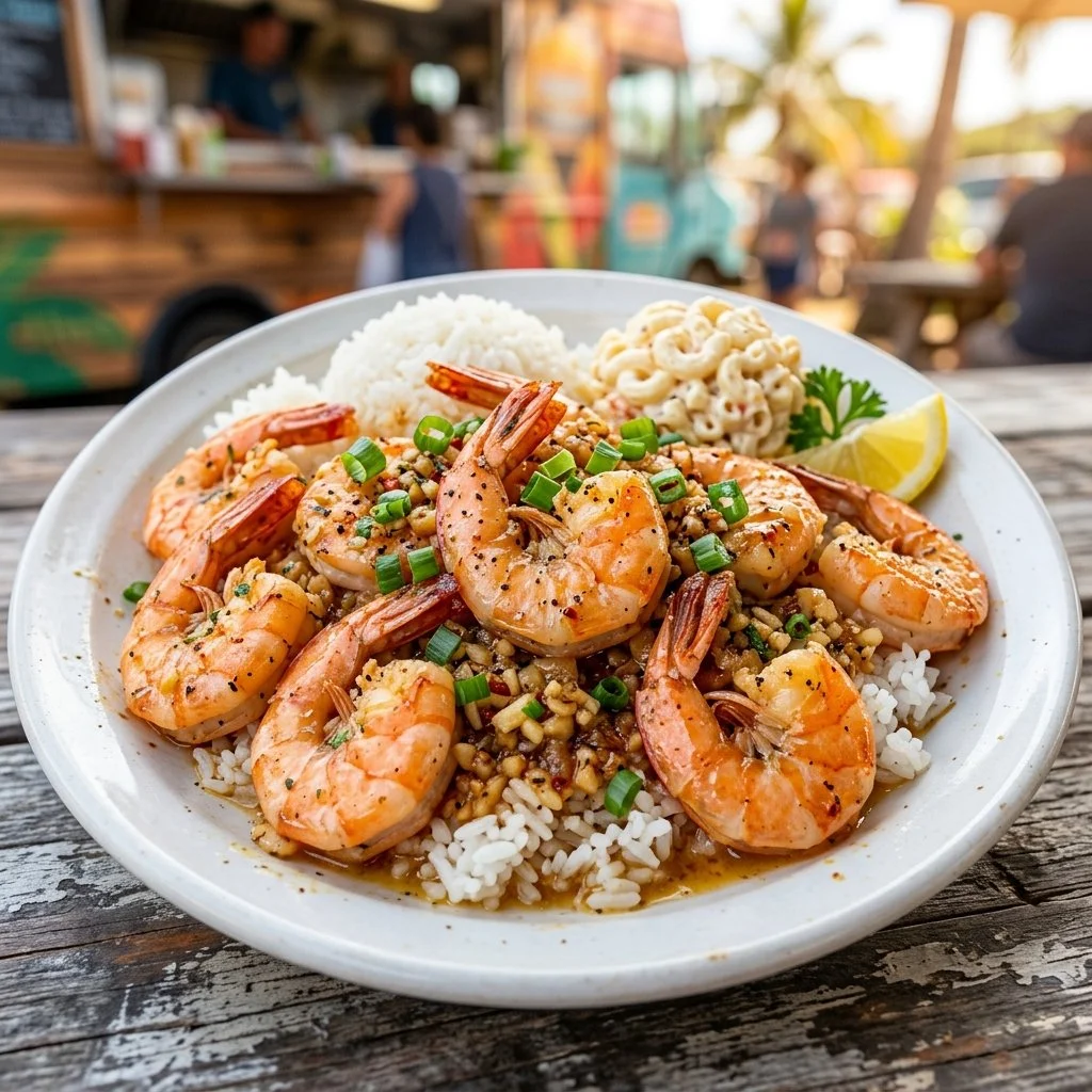 Delicious Hawaiian Garlic Shrimp served with garlic and spices