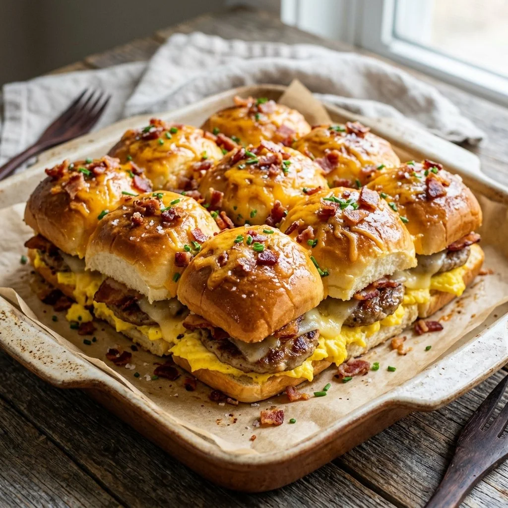Hawaiian Roll Breakfast Sliders topped with eggs and cheese on a platter.