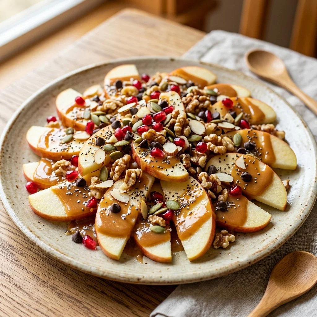 Healthy apple nachos topped with yogurt, nuts, and drizzled with honey.
