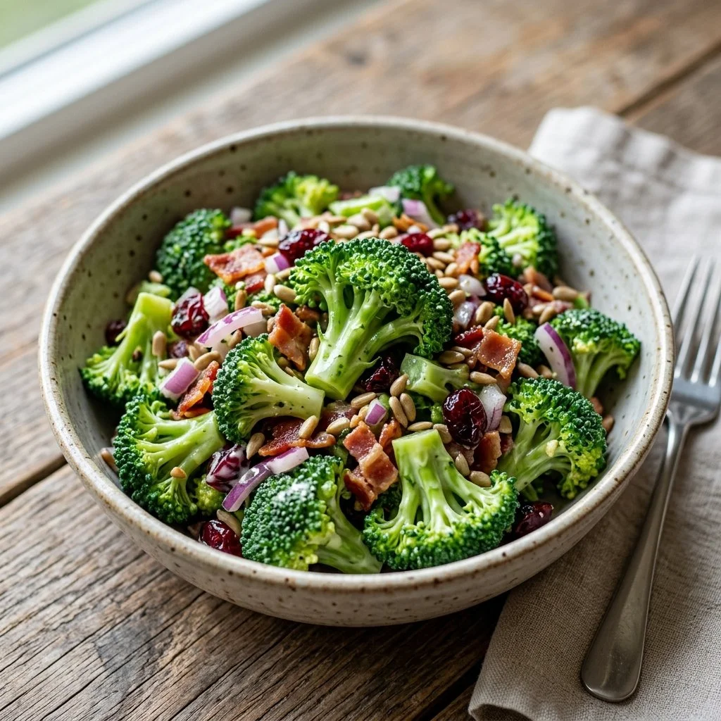 Healthy broccoli salad with fresh vegetables and dressing