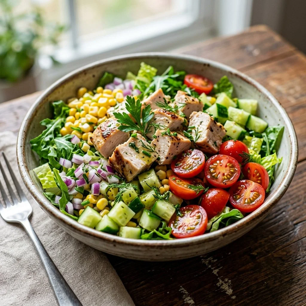 Healthy chicken salad with fresh vegetables and dressing