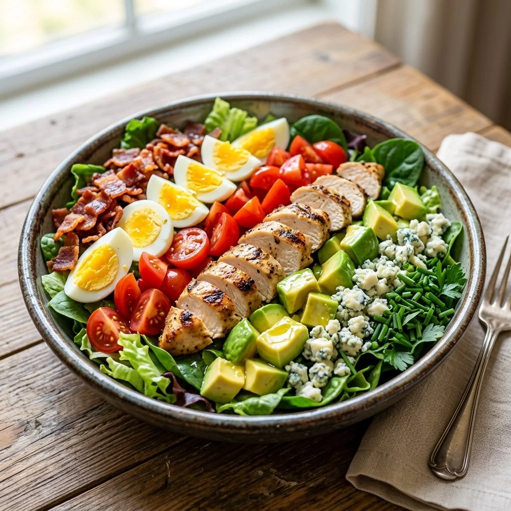 Healthy Cobb Salad with fresh vegetables, chicken, and avocado