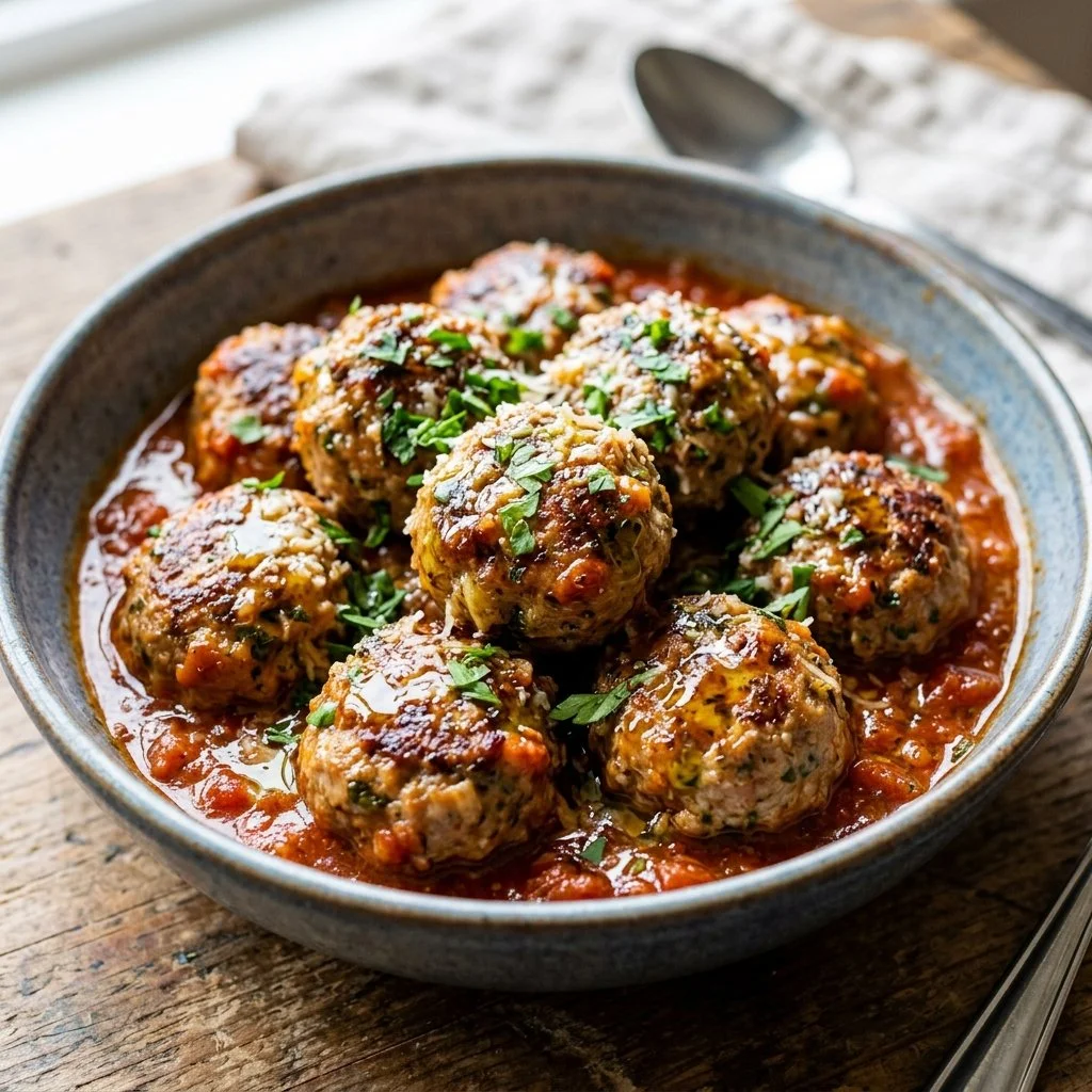 Healthy turkey meatballs served with fresh herbs and sauce