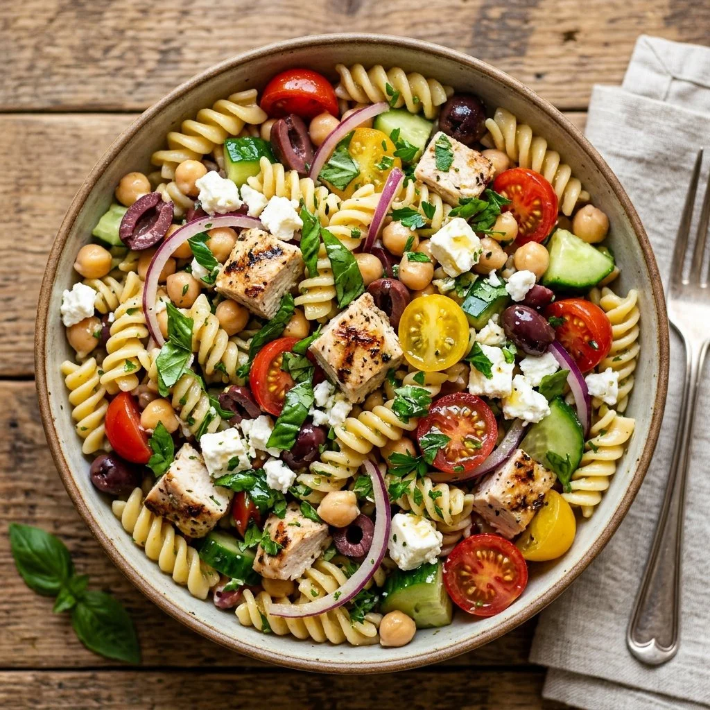 High protein pasta salad packed with vegetables and flavors for a nutritious meal.