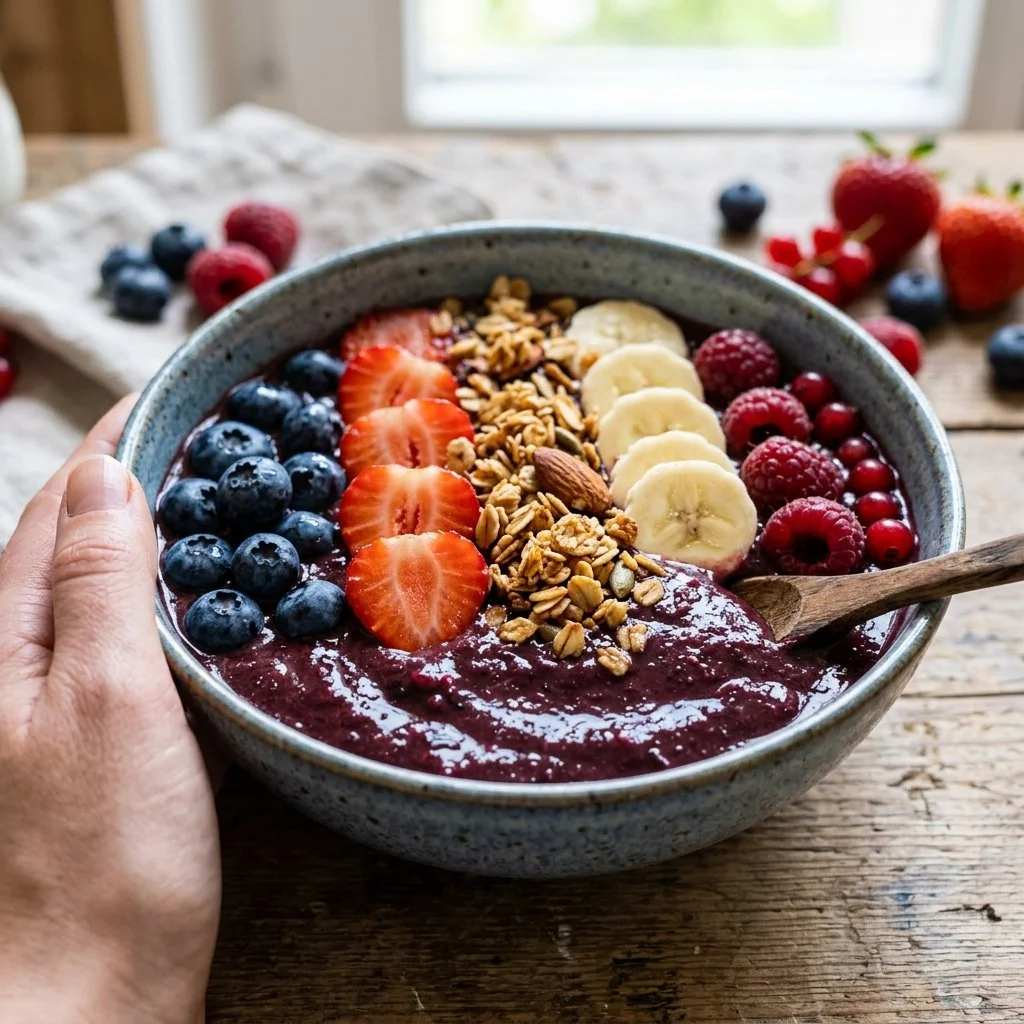 Delicious homemade acai bowl topped with fresh fruits and granola