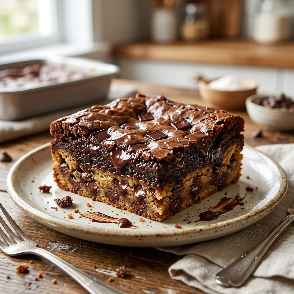 Homemade brookies featuring chewy brownie and cookie layers baked together