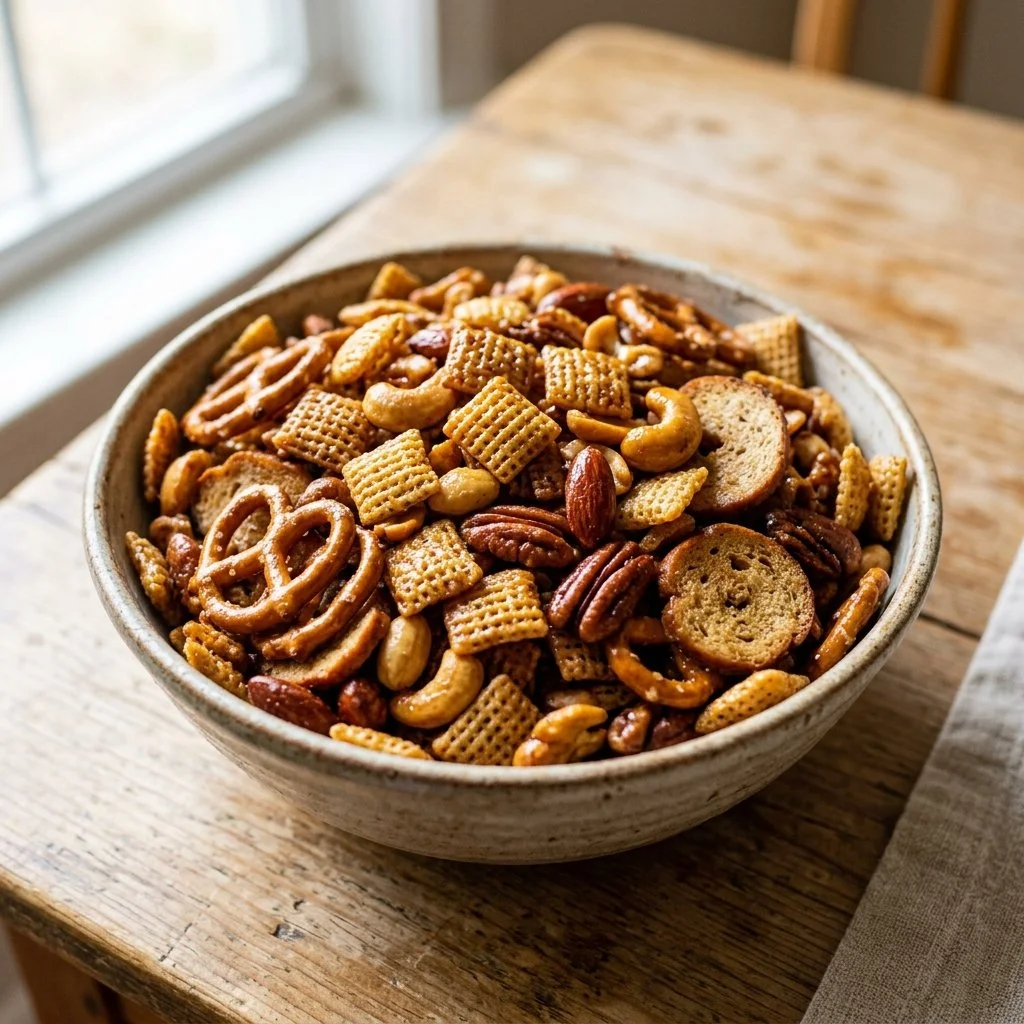Bowl of homemade Chex Mix with various snack ingredients