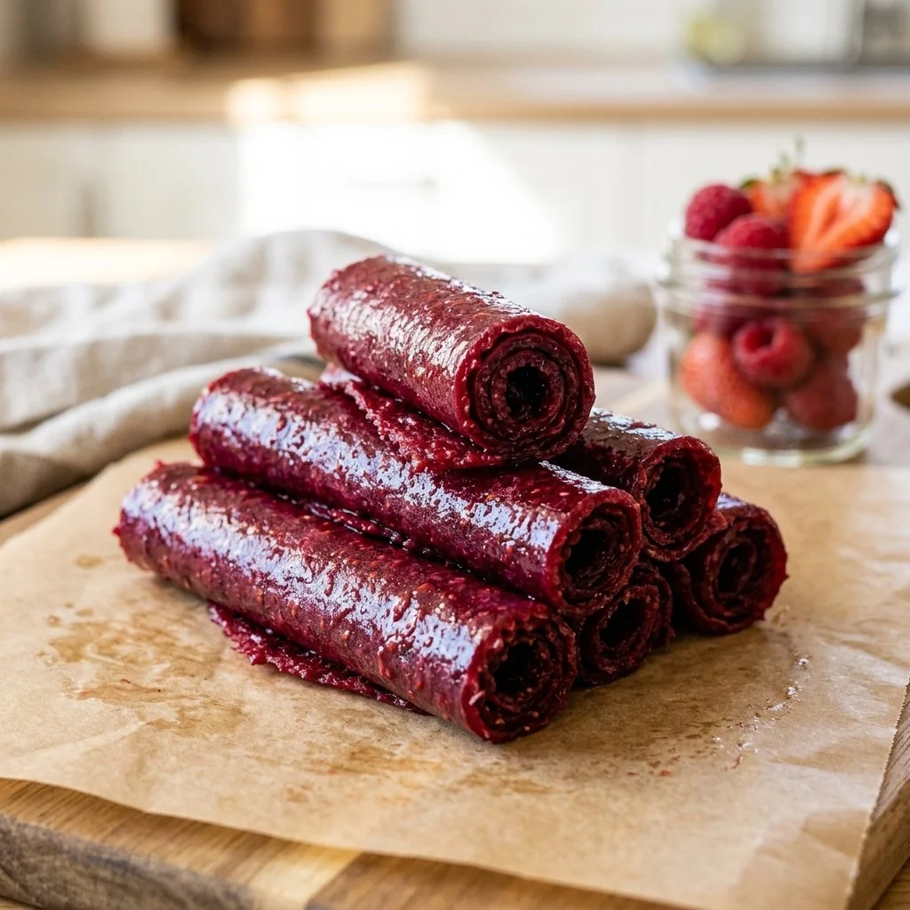 Homemade fruit roll ups made with fresh fruit and natural ingredients