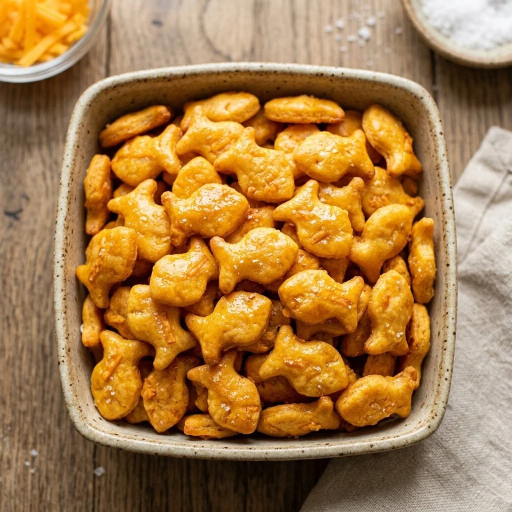 A plate of homemade Goldfish Crackers fresh out of the oven