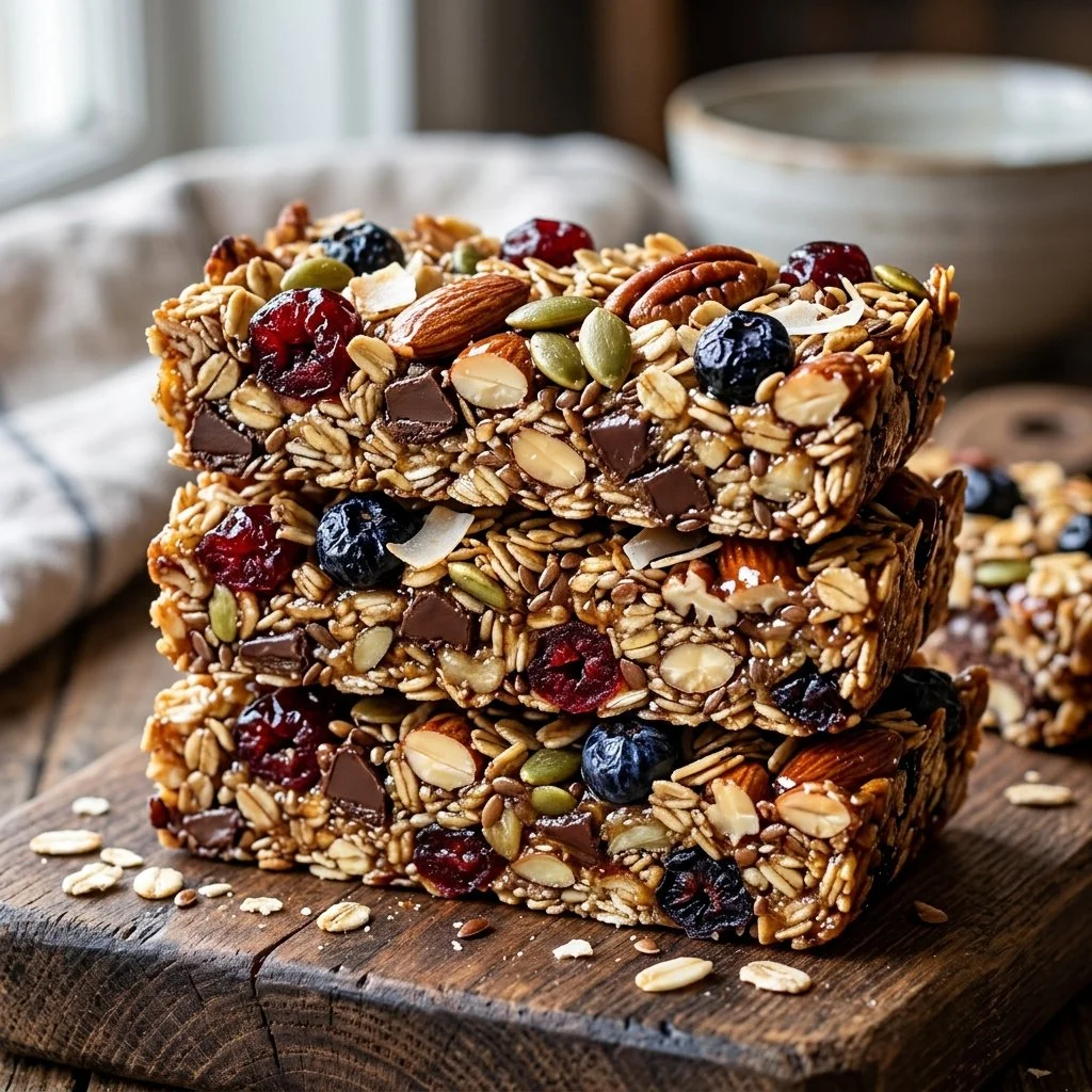 Homemade granola bars with nuts and dried fruits on a wooden table