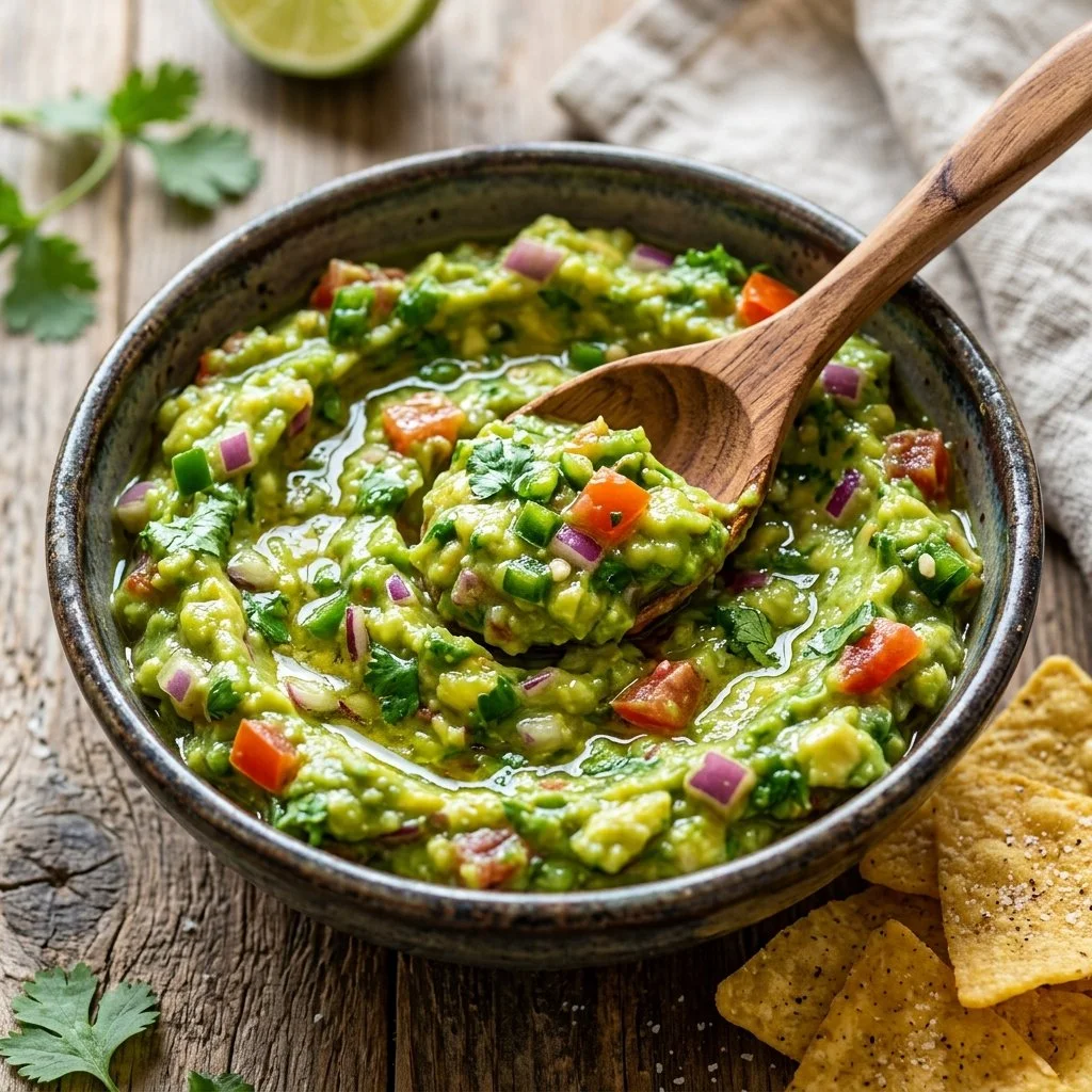 Bowl of homemade guacamole with fresh ingredients and chips