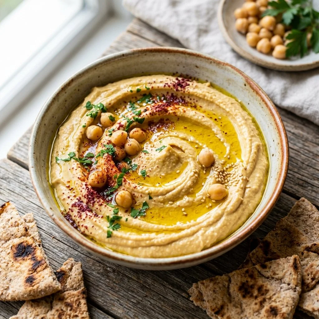Bowl of homemade hummus served with fresh vegetables and pita bread.