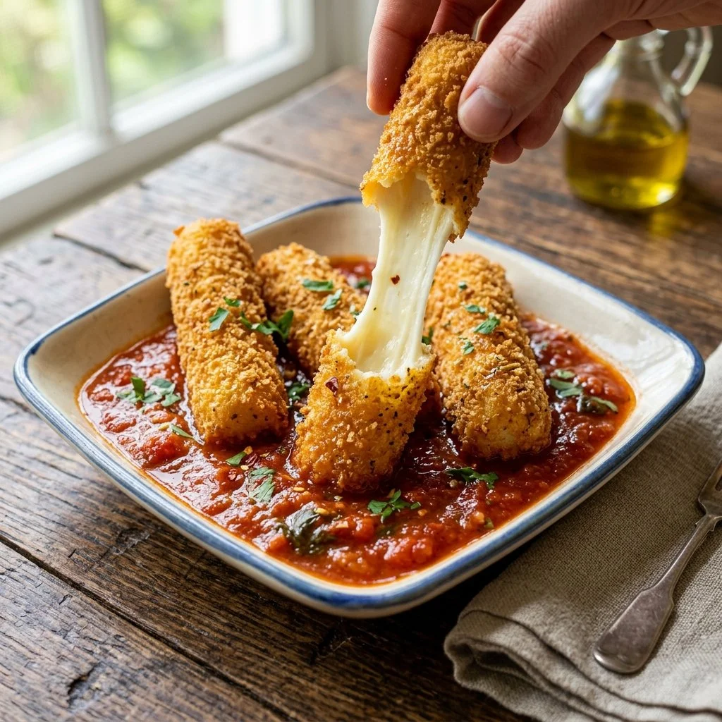 Delicious homemade mozzarella sticks served with marinara sauce