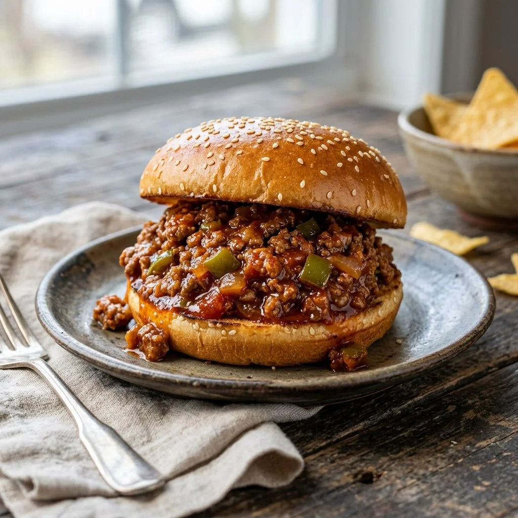 Plate of homemade sloppy joes with seasoned beef and sauce on soft rolls.