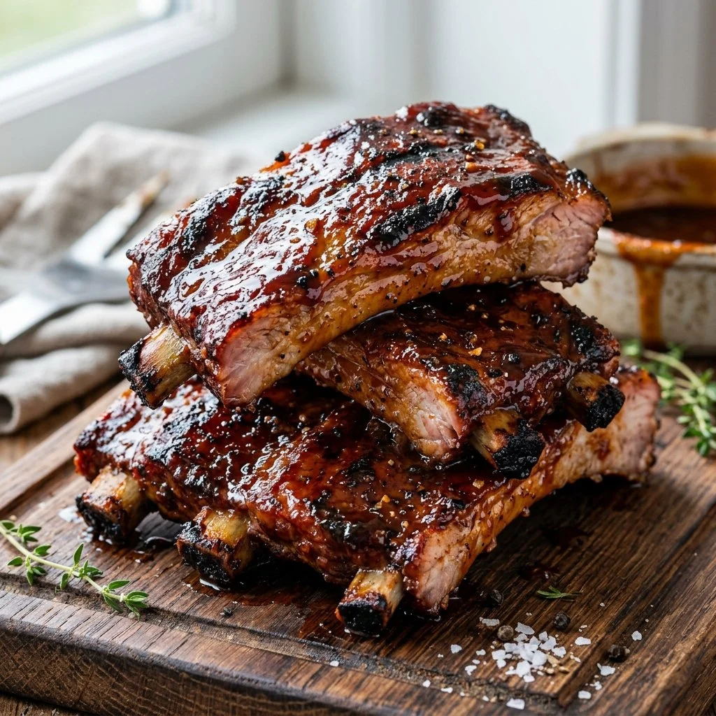 Delicious honey BBQ grilled ribs on a plate, ready to be served.