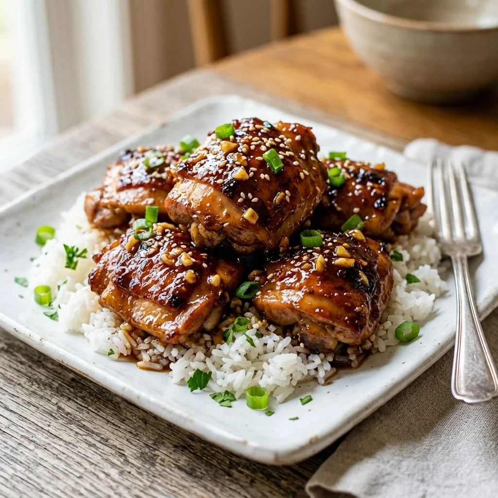 Plate of Honey Garlic Chicken garnished with green onions