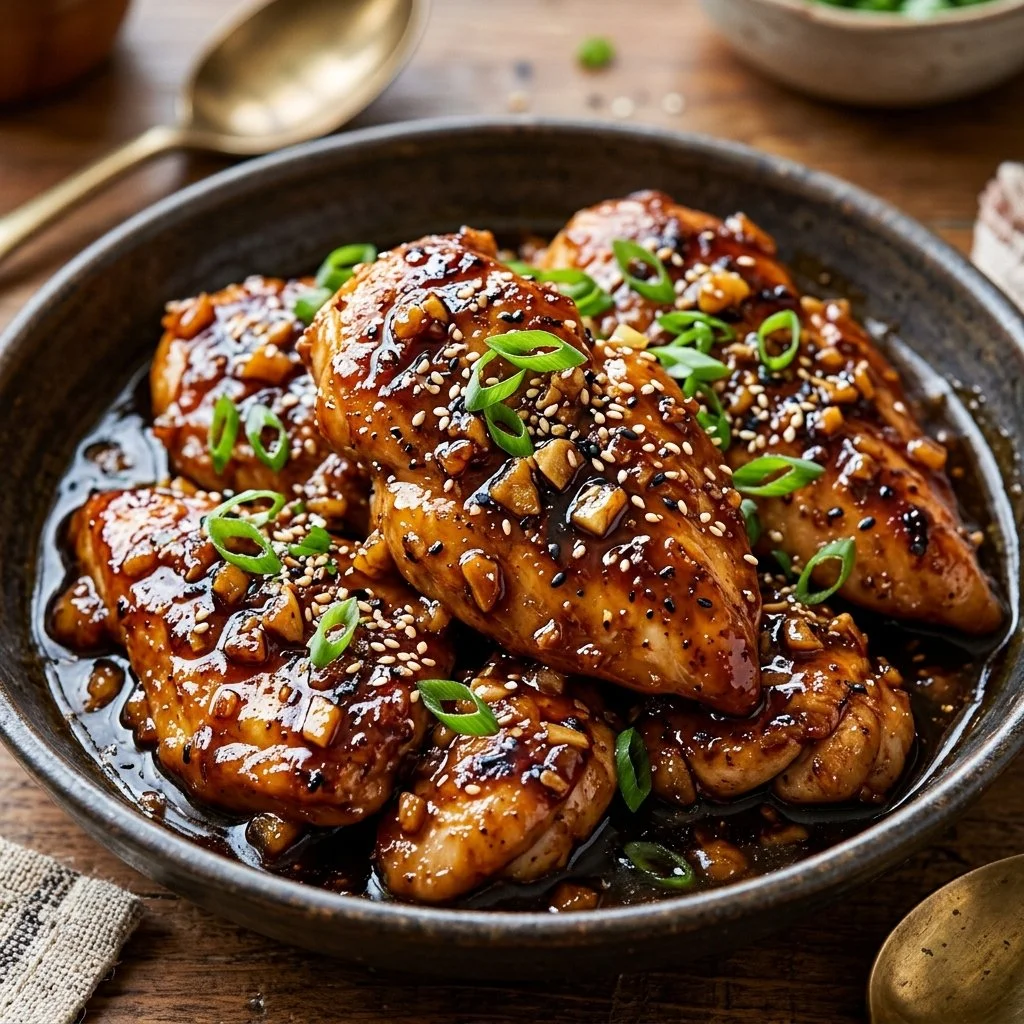 Honey Garlic Chicken Breast recipe with glaze and garnishes