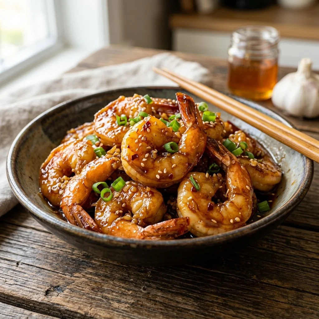 Plate of honey garlic shrimp garnished with green onions
