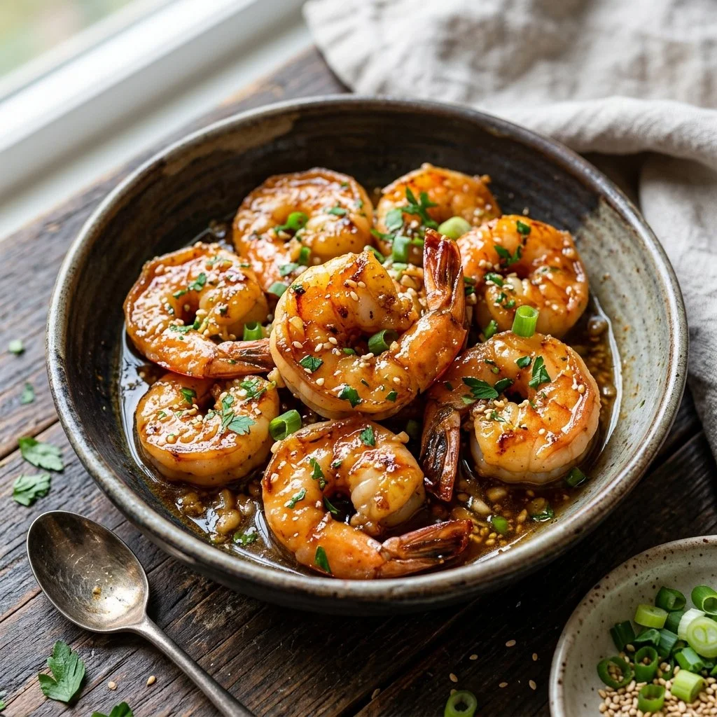 Plate of Honey Garlic Shrimp garnished with green onions