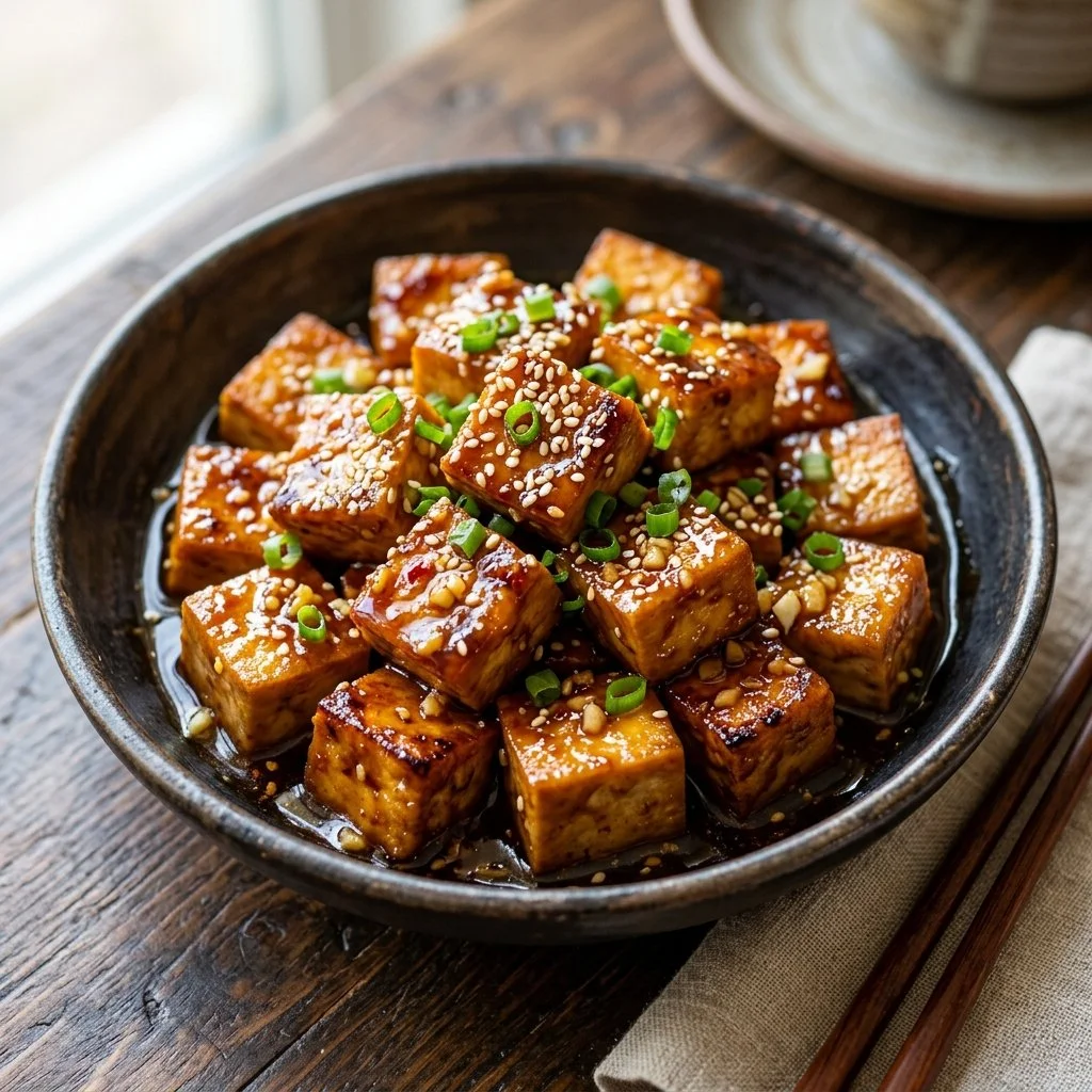 Delicious Honey Garlic Tofu garnished with green onions on a plate.