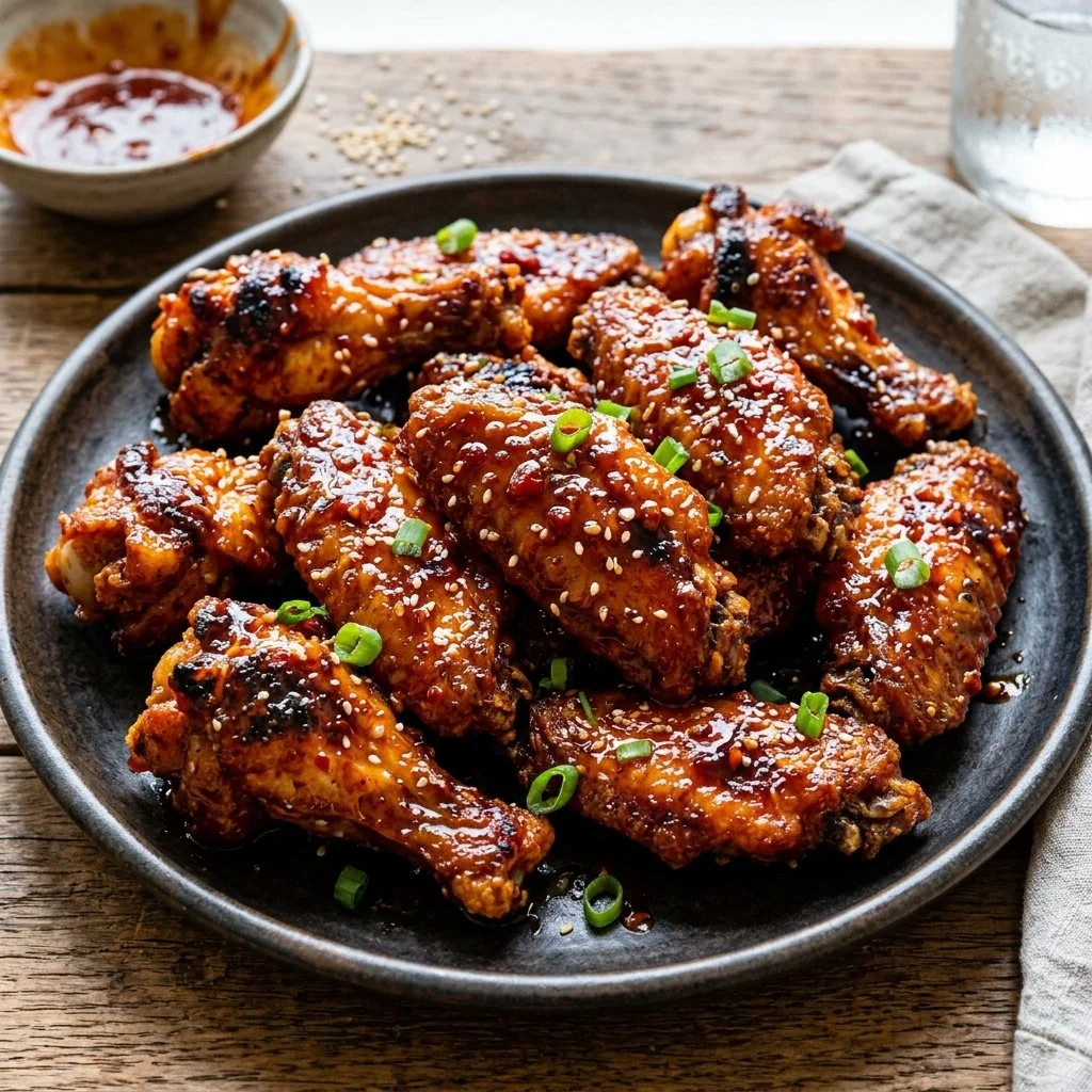 Honey Sriracha Chicken Wings served on a platter with dipping sauce