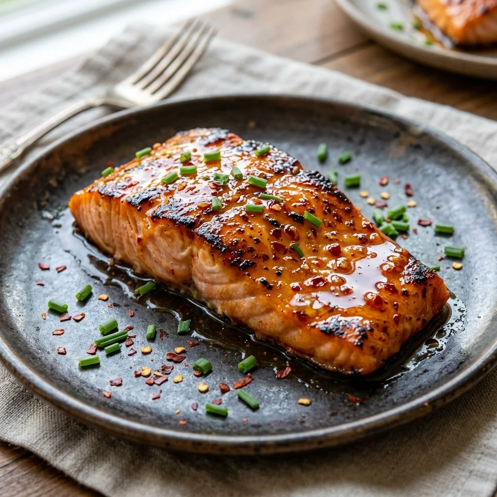Delicious hot honey salmon fillet garnished with herbs and served on a plate.