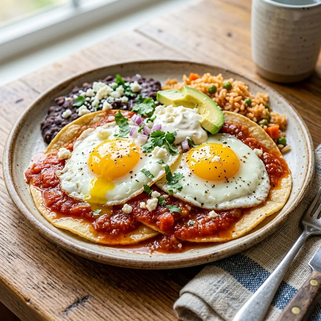 Delicious Huevos Rancheros featuring eggs, salsa, and fresh tortillas.