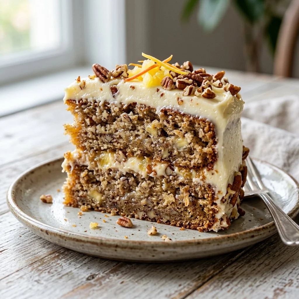 Slice of homemade hummingbird cake with cream cheese frosting