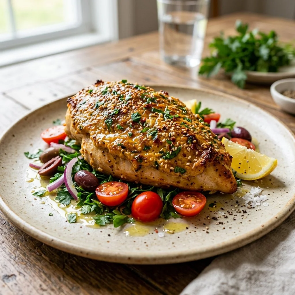 Delicious hummus crusted chicken served on a plate with fresh herbs
