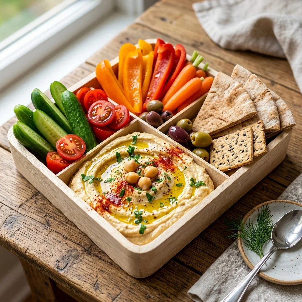 Healthy hummus snack boxes with various dips and fresh veggies