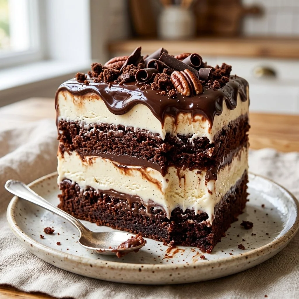 Delicious ice cream cake featuring layers of ice cream and cake