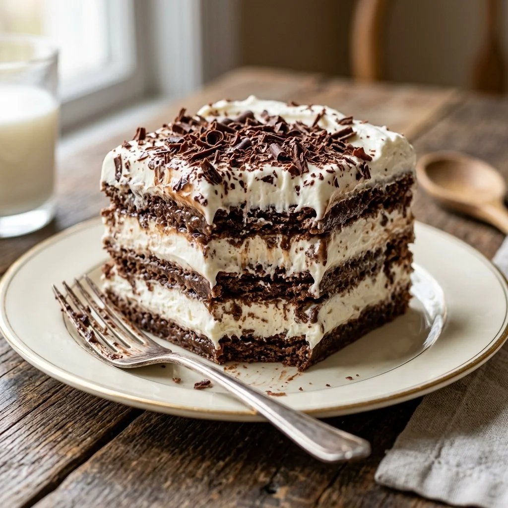 Delicious icebox cake with layers of cream and cookies, perfect summer dessert.
