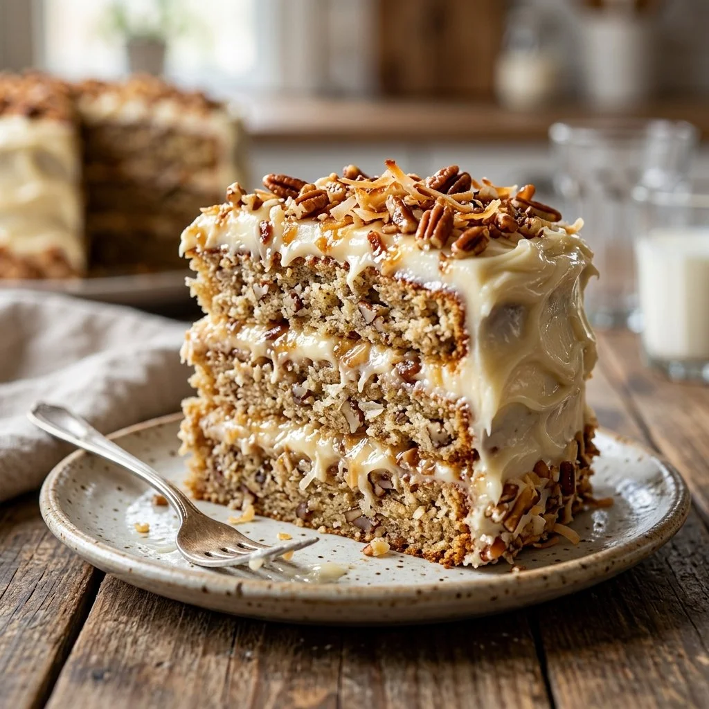 Delicious Italian Cream Cake with frosting and pecans on white plate
