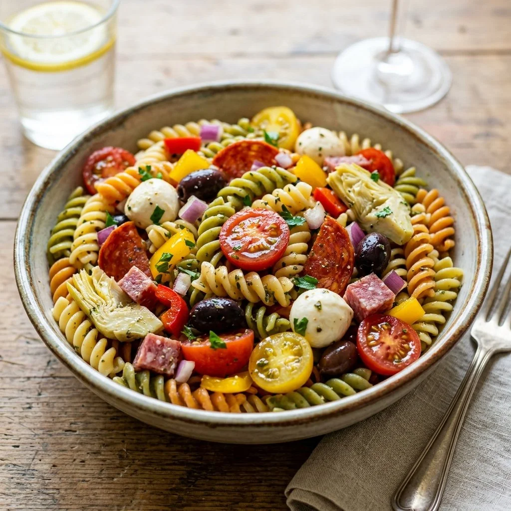 Colorful Italian pasta salad with fresh vegetables and cheese