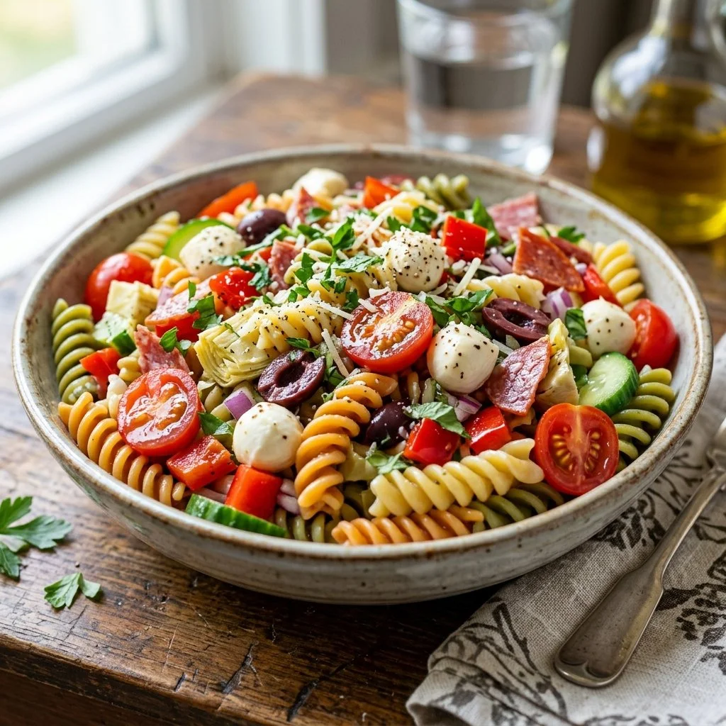 Delicious Italian Pasta Salad with fresh vegetables and dressing