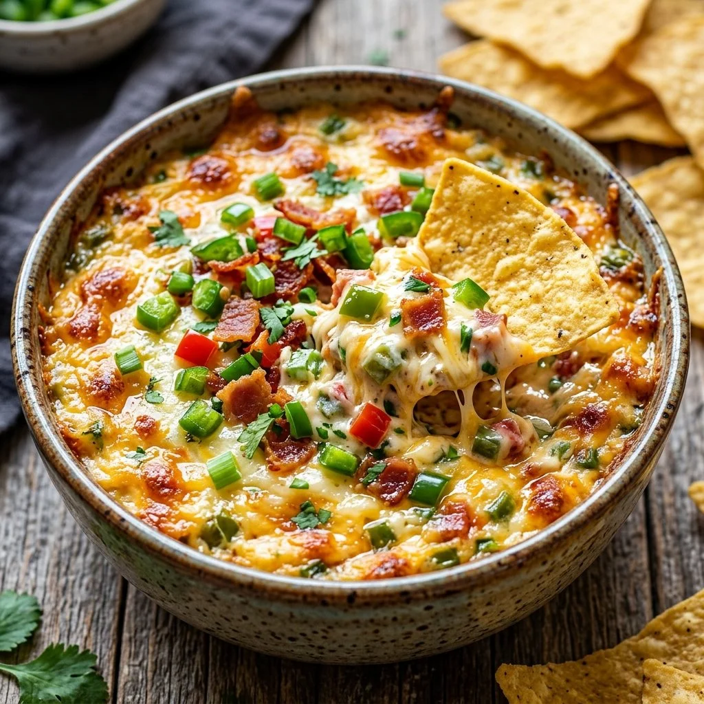 Delicious homemade jalapeno popper dip served in a bowl with tortilla chips