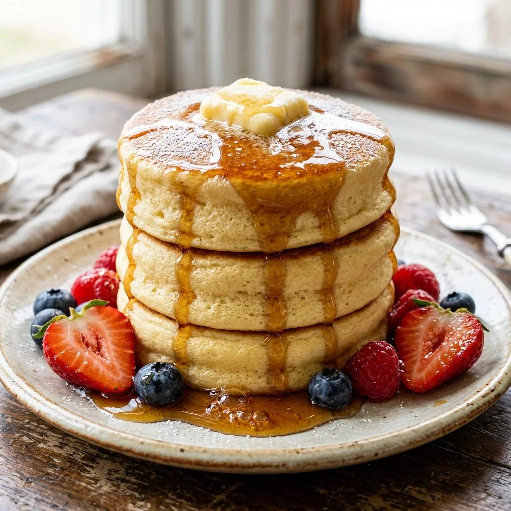 Fluffy Japanese souffle pancakes stacked with syrup and berries