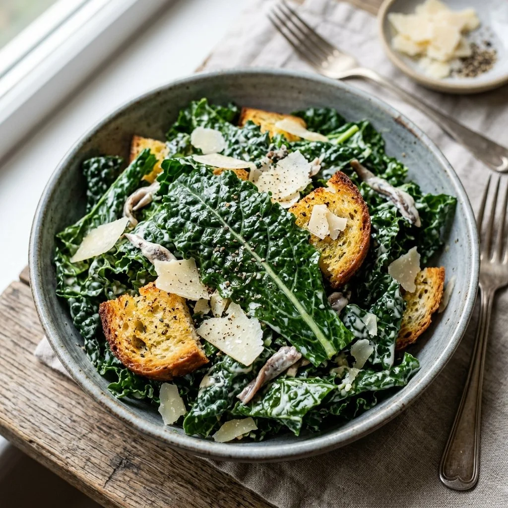Fresh Kale Caesar Salad with croutons and parmesan cheese