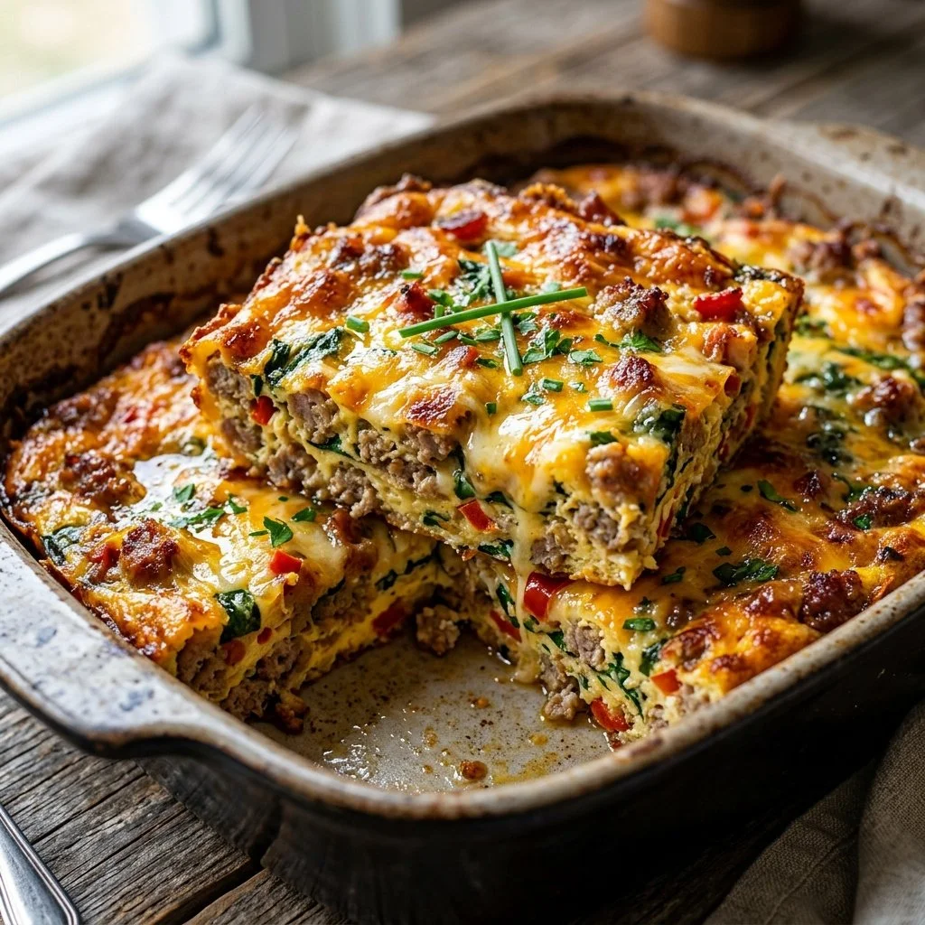 Delicious Keto Breakfast Casserole with eggs, cheese, and vegetables