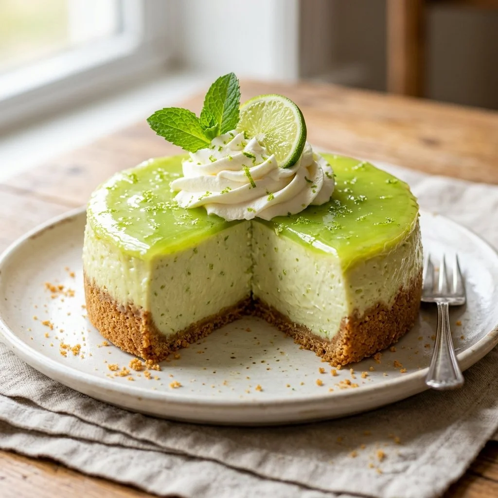 Delicious slice of Key Lime Cheesecake garnished with lime and whipped cream