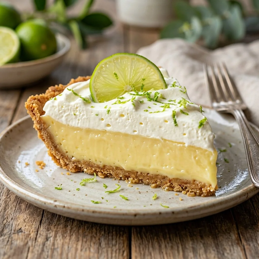 Delicious slice of homemade Key Lime Pie with a graham cracker crust.