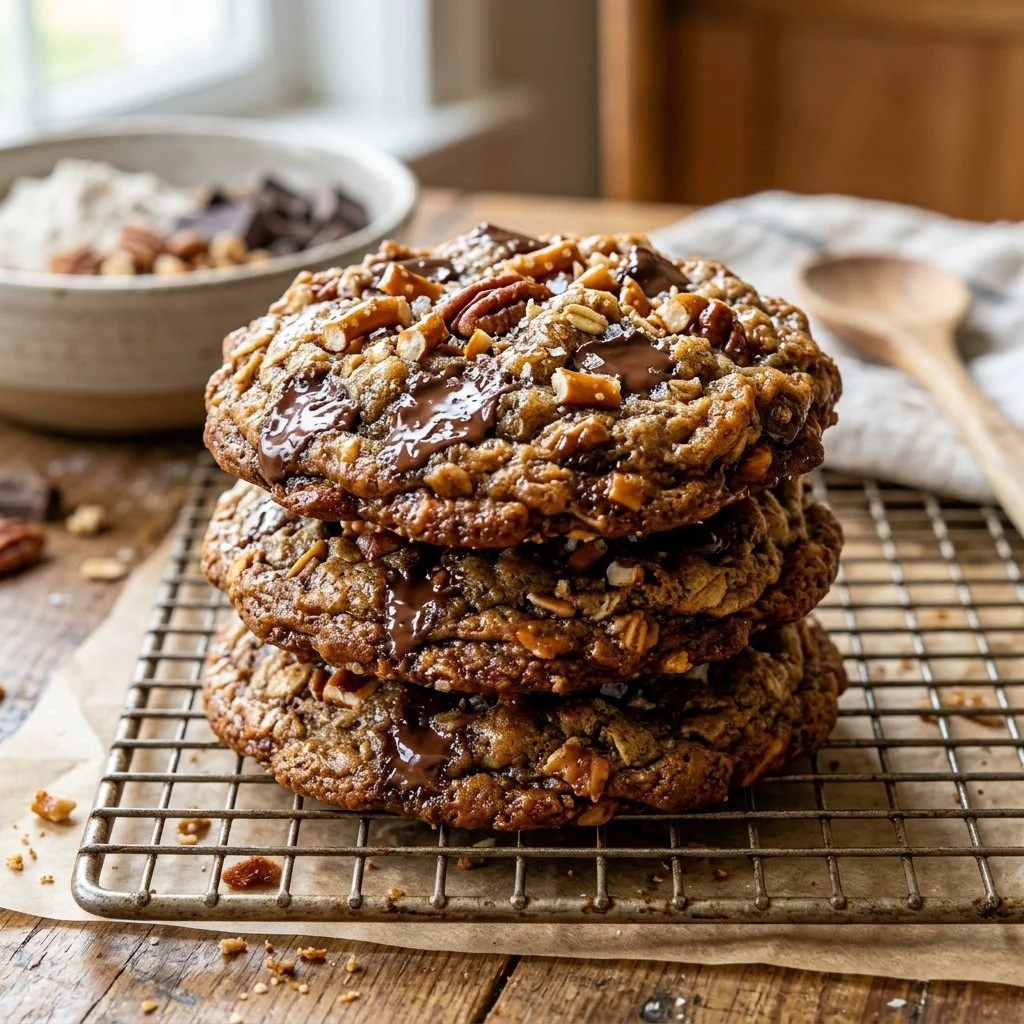 Delicious kitchen sink cookies filled with chocolate, nuts, and dried fruits.