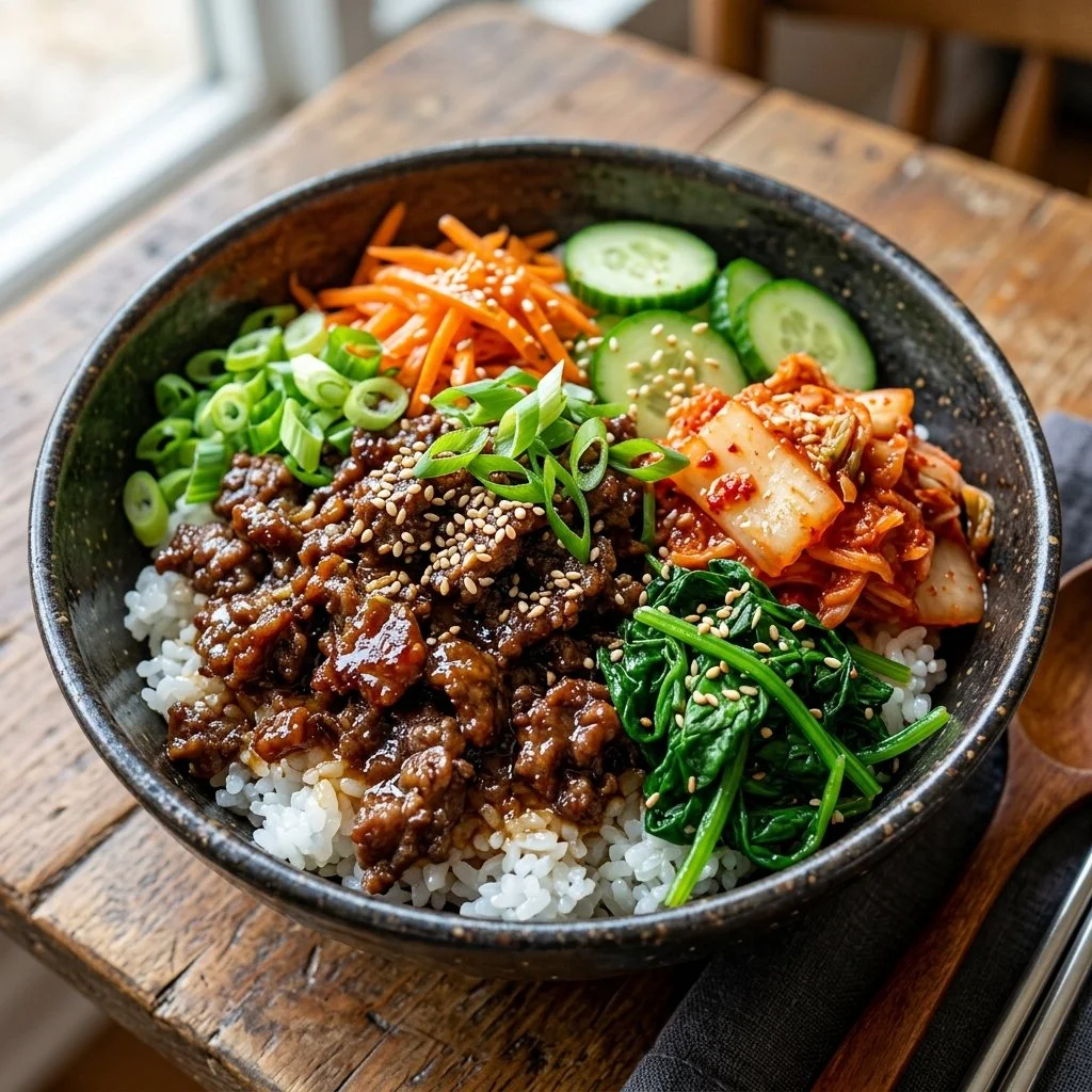 Delicious Korean Beef Bowl topped with vegetables and sesame seeds.