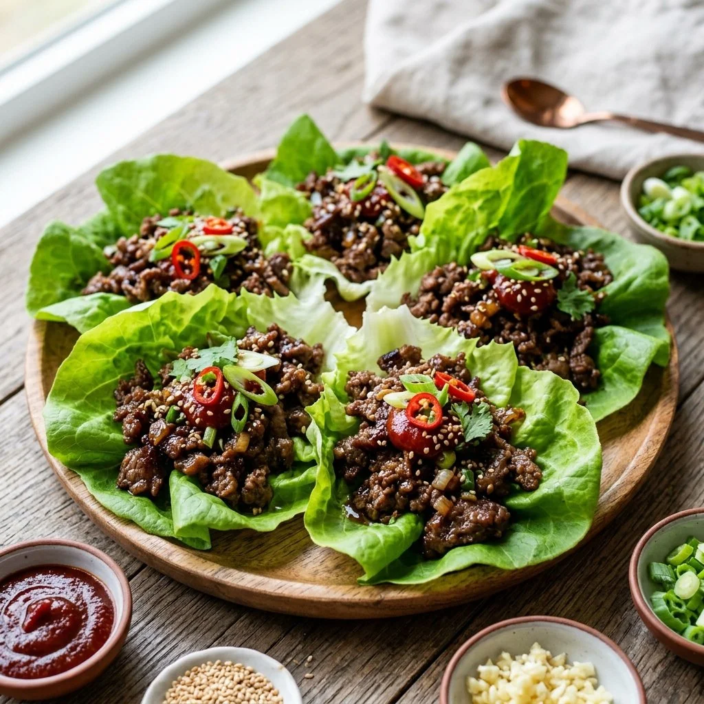Delicious Korean beef lettuce wraps with marinated beef and fresh vegetables