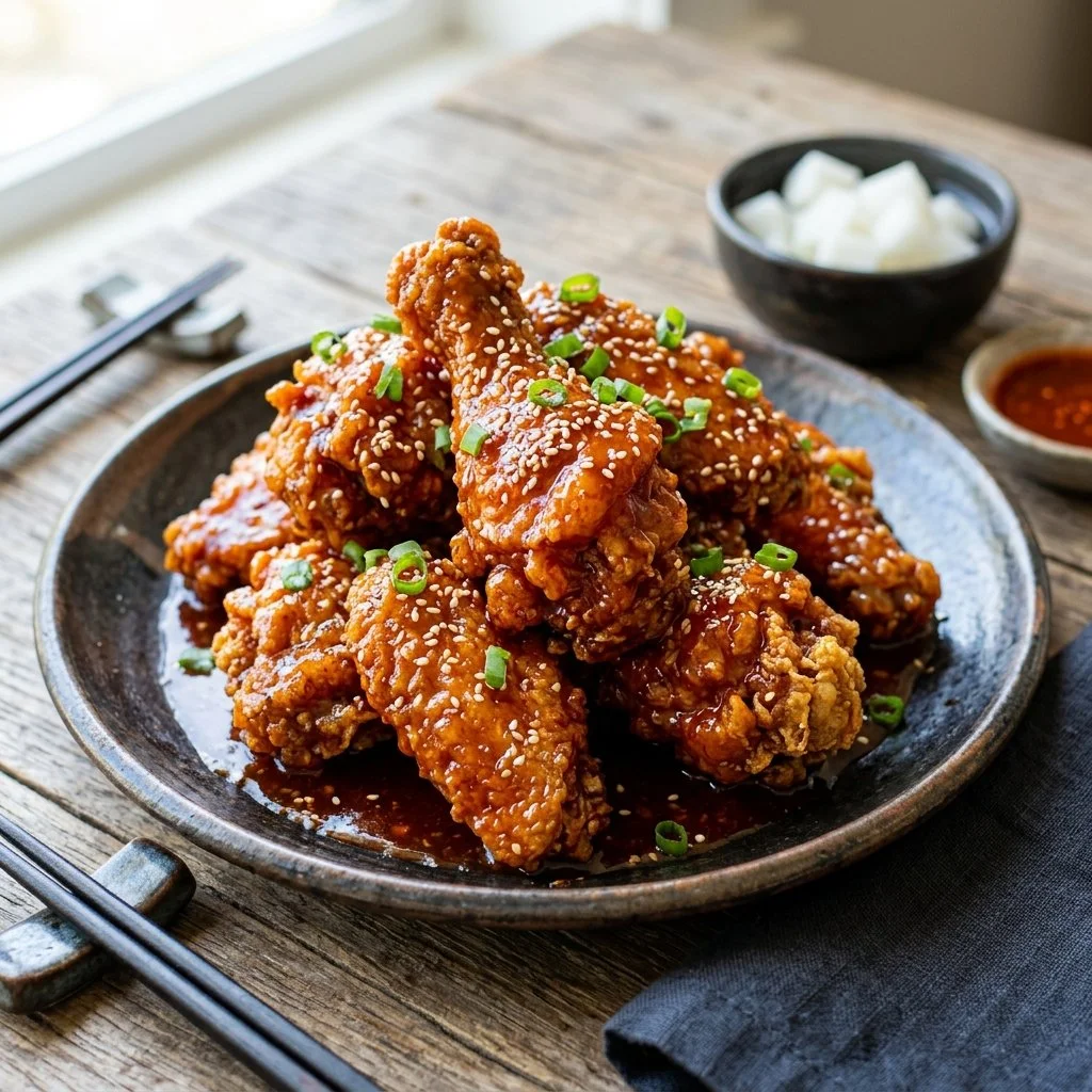 Delicious Korean Fried Chicken served with dipping sauce on a plate.